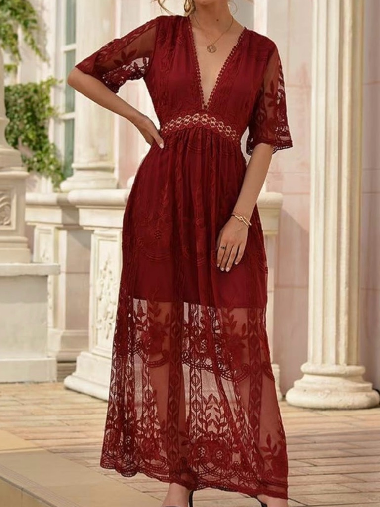 Eleter Red Embroidered Lace Plunge Maxi Dress Size S